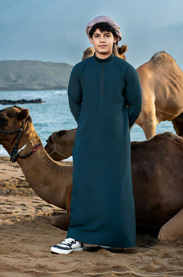 Dark Emerald Green Saudi Shirt Collar Thobe - Kids